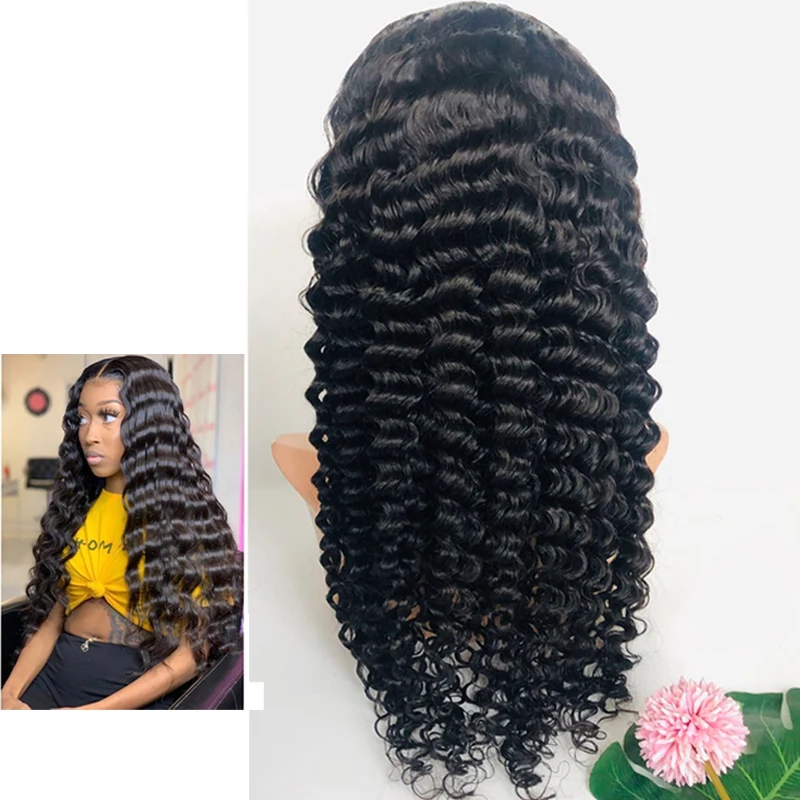 

28 30 40 Inch Deep Wave Brazilian Virgin Hair Pre plucked Deep Wave Lace Frontal Wig, Oem