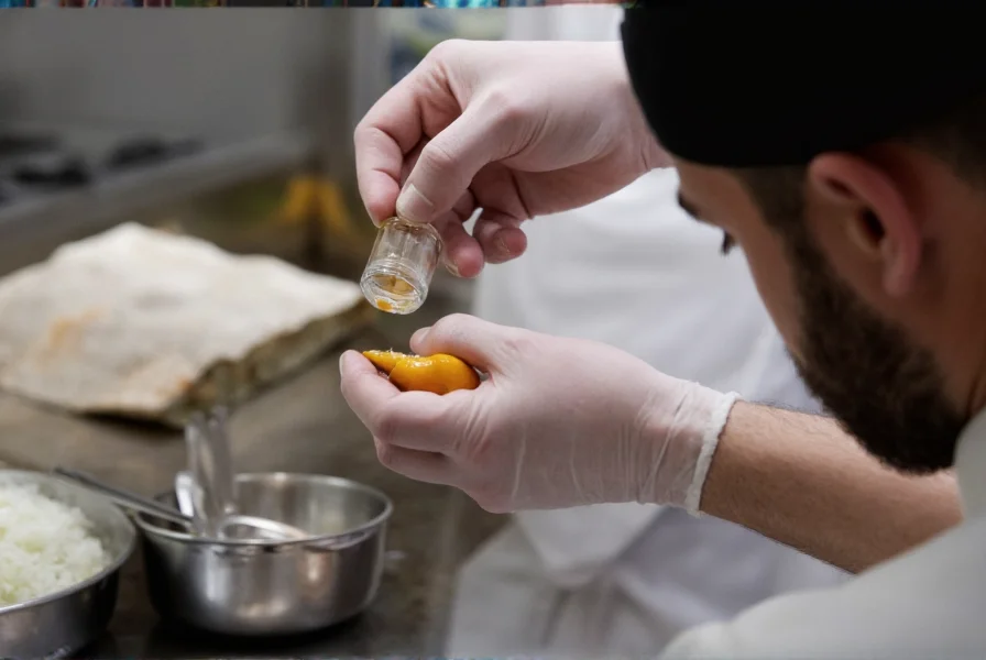 Professional chef wearing protective gloves carefully measuring a tiny amount of Pepper X powder for sauce formulation