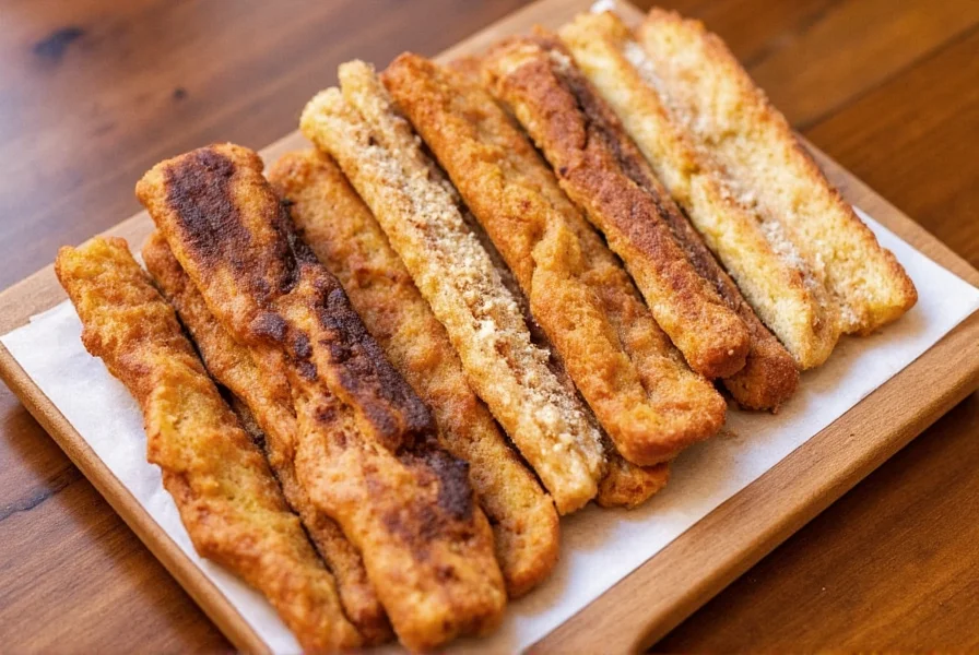 Variety of cinnamon toast sticks with different flavor variations on wooden serving board