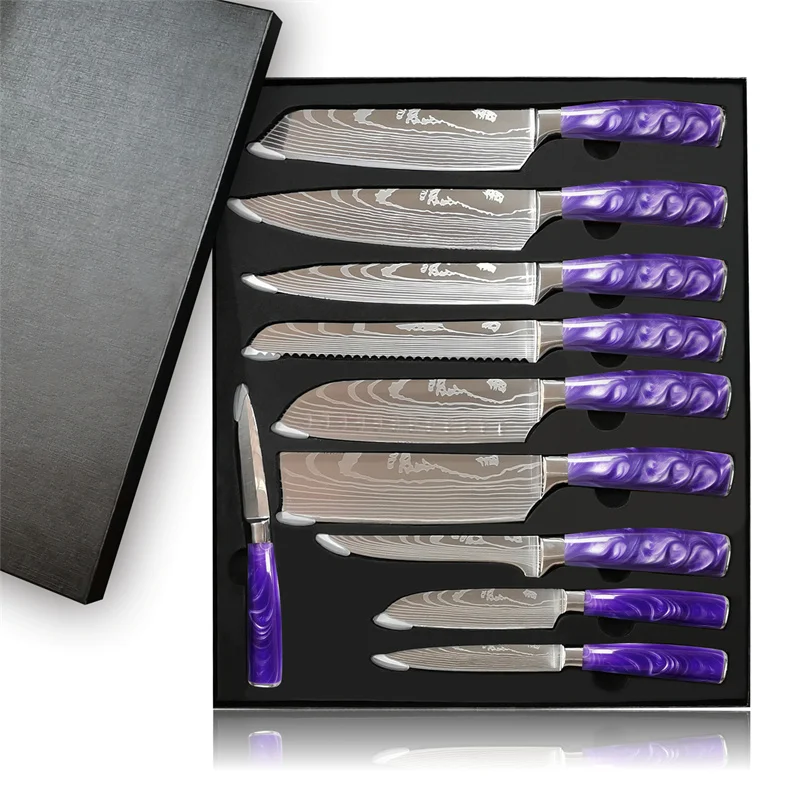 

10 Pcs Dropshipping German Stainless Steel Kitchen Chef Japanese Custom Handle Carving Knife set With Gift Packing, Silver