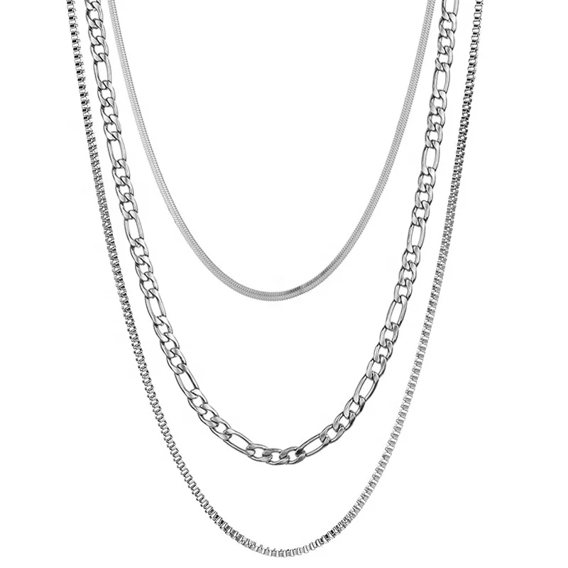 

No Fading No Allergic 3 Multi Layered Necklace Stainless Steel Silver Jewellery Set