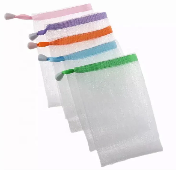 

Wholesale Nylon Durable Face Washing Soap Saver Bag Mesh Foaming Net Soap Bubble Net, White with differnt color rope