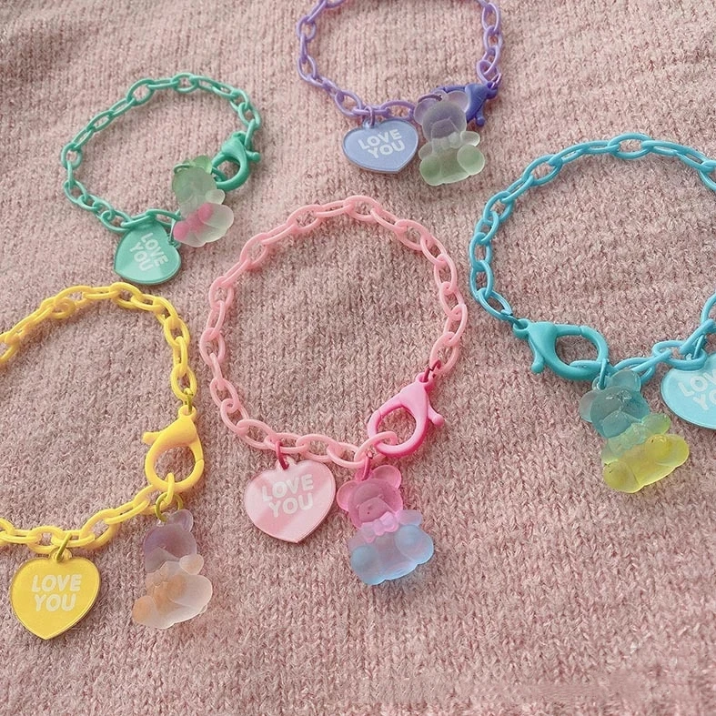 

Friendship Colorful Heart Adjustable Jewelry Accessories Cute Chain Bracelet Bear Pendent Bracelet for Girls, Picture shows