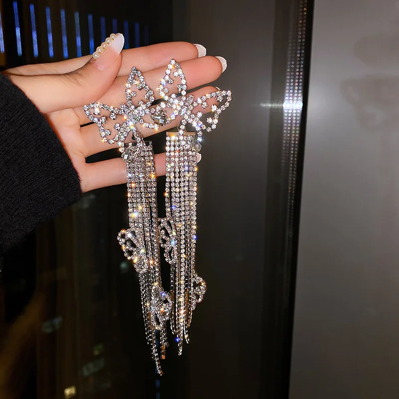 

Wholesale Luxury Crystal Butterfly Earrings Long Tassel Exaggerated Women Party Jewelry