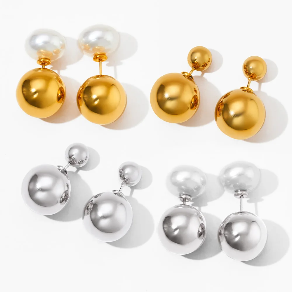 

Two Ways To Wear Pearl Double Ball Bead Earrings Stainless Steel Gold Plated Stud Drop Earrings Women Jewelry