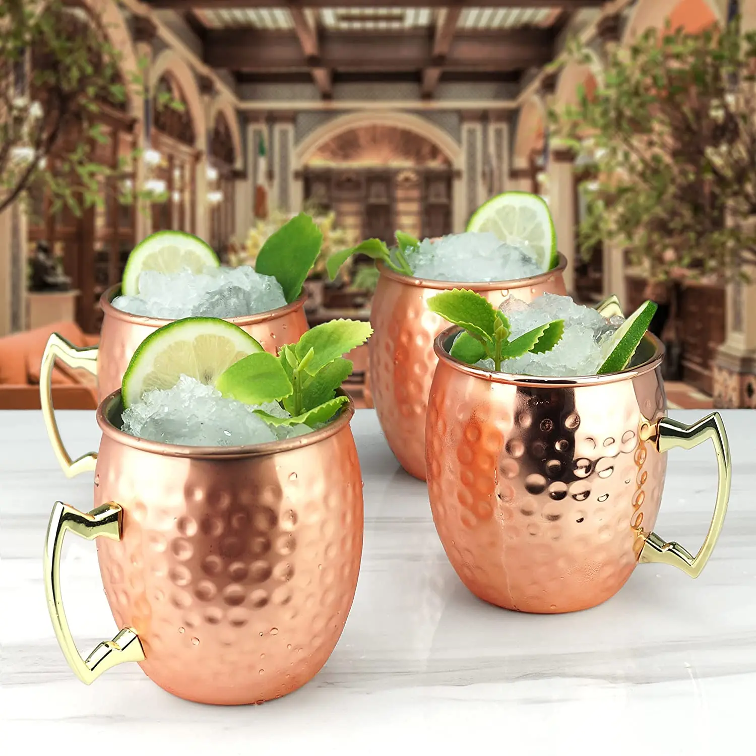 

High Quality Cocktail Beer Copper Mug Wholesale Stainless Steel 16oz Hammered Rose Gold Moscow Mule Mug With Brass Handle