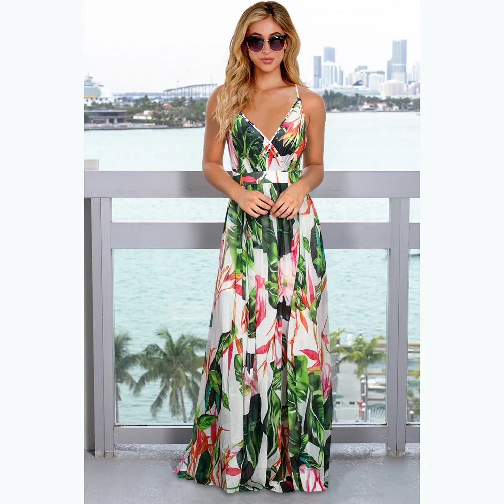 

2021 summer new dress Bohemian floral halter dress amazon foreign trade women's plus size linen dress casual