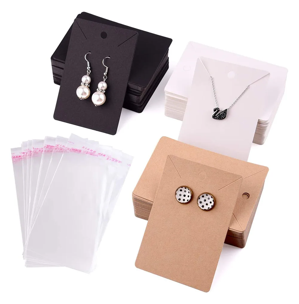 

Wholesale blank white black necklace earring holder jewelry packing display cards with transparent opp poly bags, White/kraft