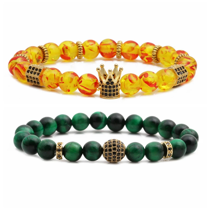 

Yiwu jewelry custom 2pcs/set natural stone cz drill ball handmade beaded charm bracelet crown bracelet men, Picture