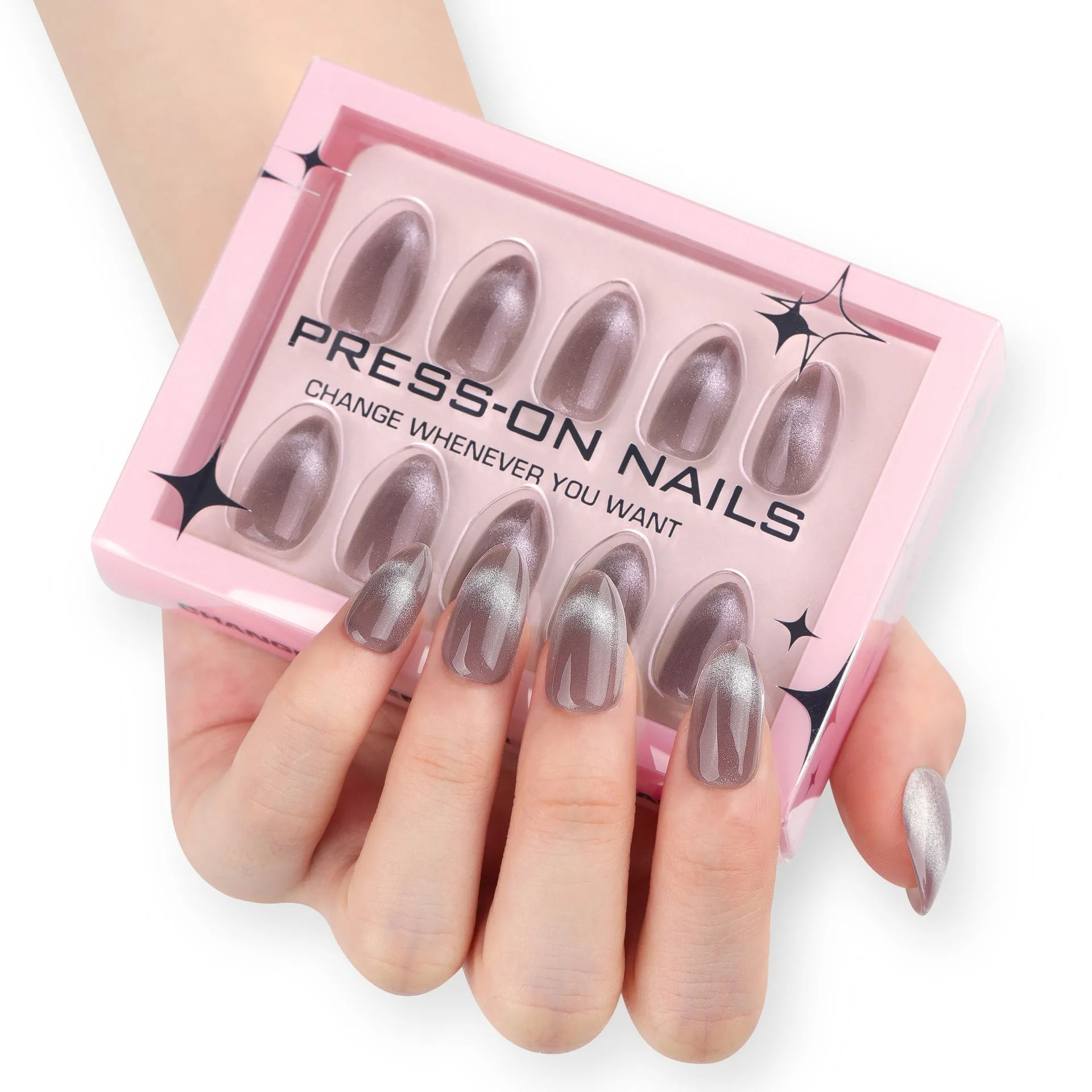 100% Acrylic 30 Pcs GD26 Minimalist French Cat-eye High-end Translucent Gray Almond Shape Press on Nails Customize False Nails