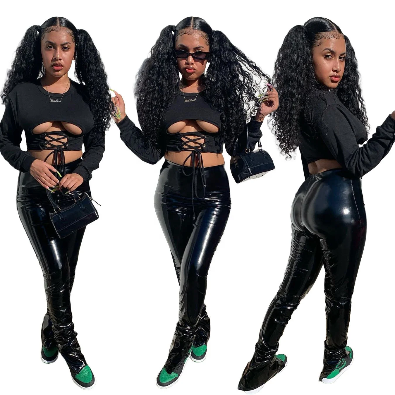 

MT122-9275 European and American fashion sexy shiny stretch PU leather pants suit 2 piece set women casual dress women