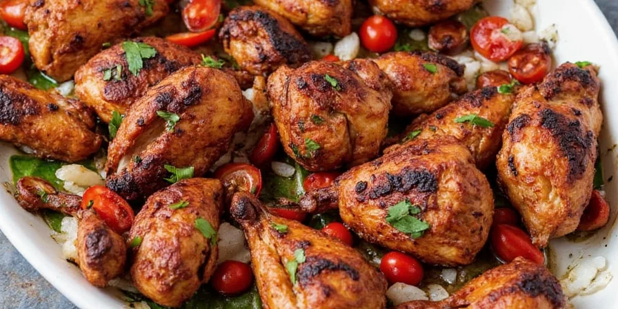 Close-up of grilled jerk chicken marinating