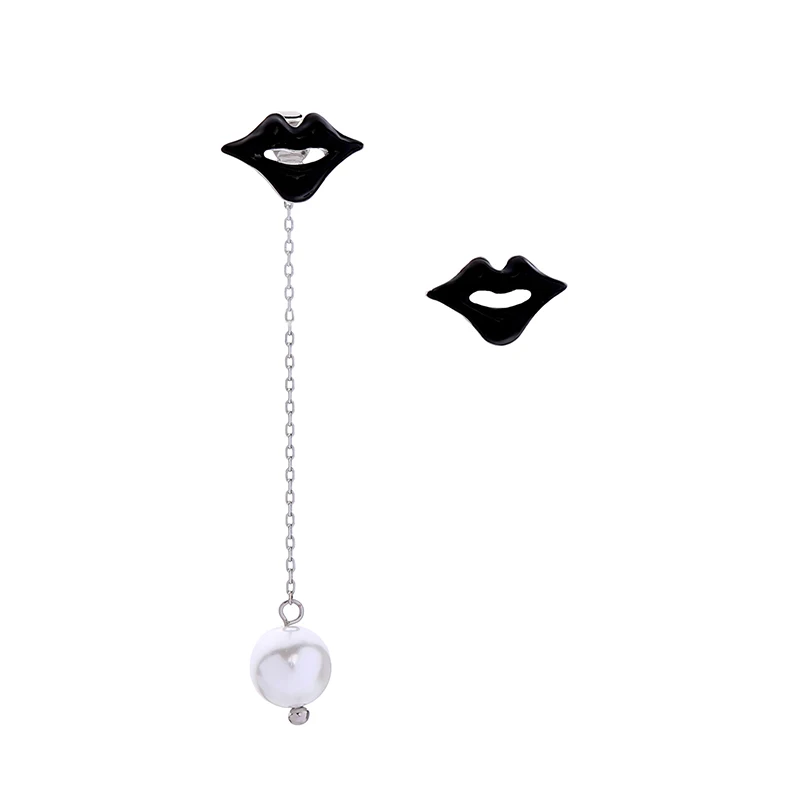

ed02057d Mismatched Long Stylish Black Red Lip Enamel Women Fashion Asymmetrical Gold Pearl Earrings And Pendant