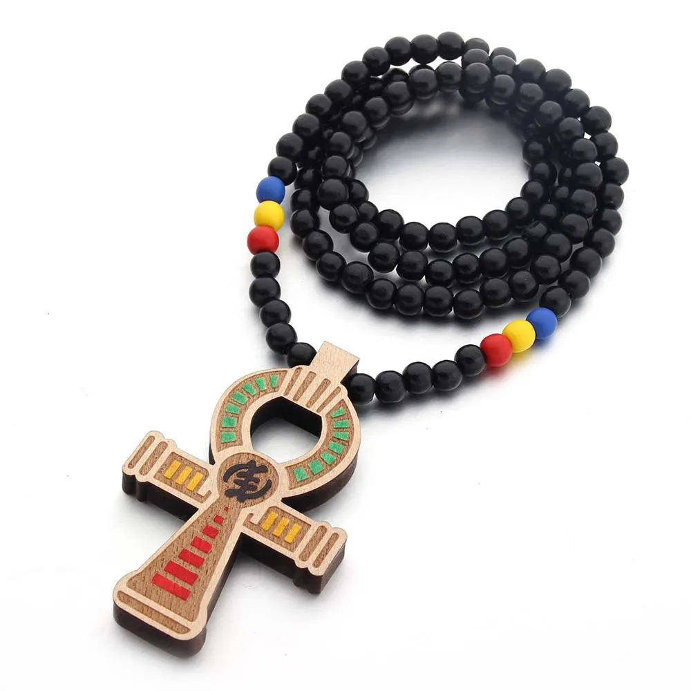 

New personality Cross pendant wood Holy rosary Necklace for men trendy wood beads chain jewelry, 5 colors