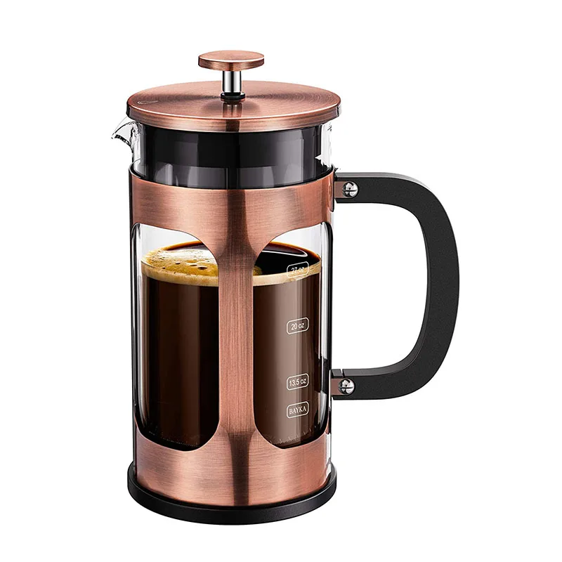 

Amazon Hot Sale Durable Heat Resistant Thickened Borosilicate French Press Glass Coffee Plunger Copper Camping Coffee Pot, In stock