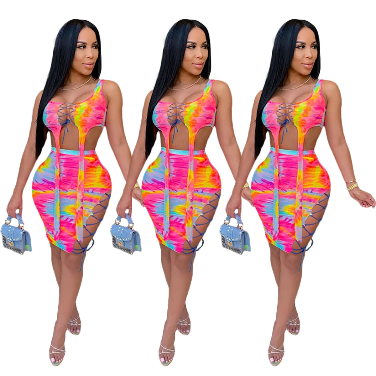 

2021 new arrivals tie dye apparel crop top and bandage sexy dresses 2 piece set for women, As picture