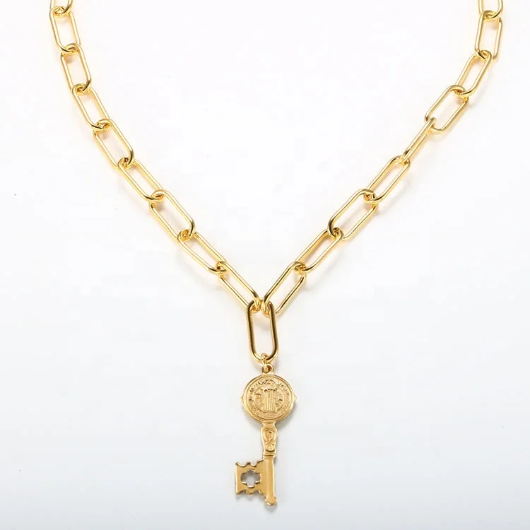 

Fashion Women Jewelry Wholesale 18k Gold Plated Stainless Steel Link Chain Key Necklace, Gold color