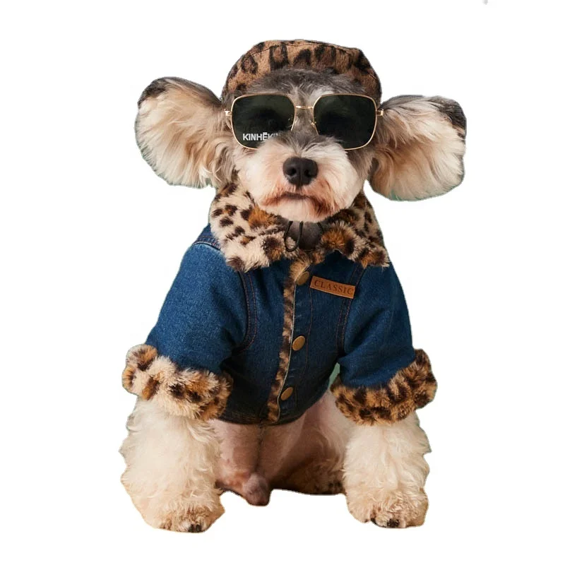 

Teddy leopard denim jacket dog clothes autumn and winter clothes thick and handsome pet dog coat