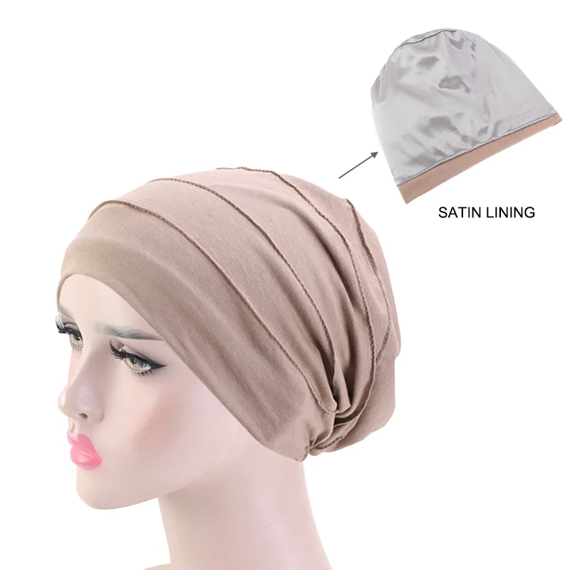 

Wholesale Custom Logo Soft Satin Lining Chemo Hat Night Sleep Head Wrap Women Solid Color Turban Hair Bonnet For Women