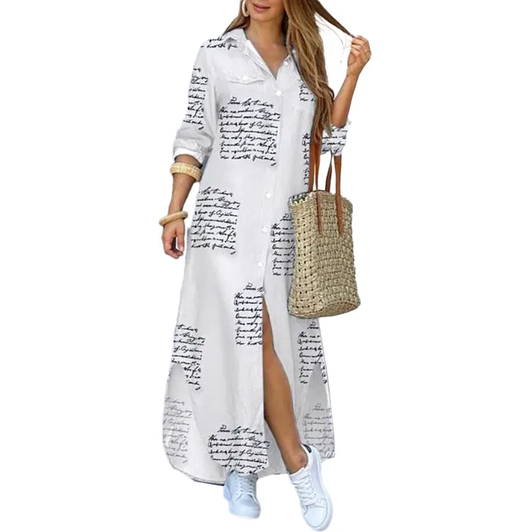 

Women Elegant Lapel Neck Button Down Dress 2020 Summer Letter Print Long Shirt Dress Casual Long Sleeve Lady Party Dress Vestido, Customized color