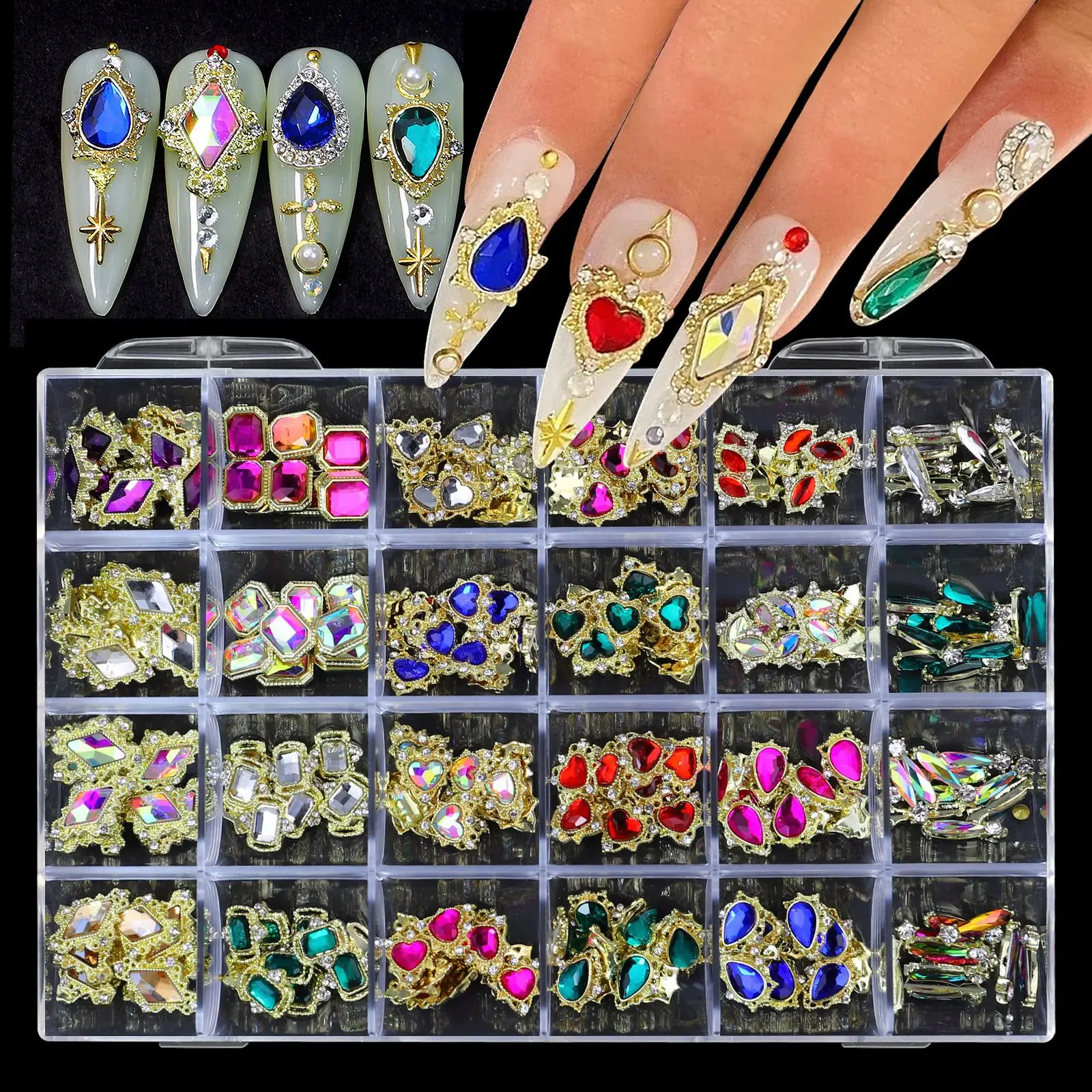 

Luxury Design Popular Large 24Grid/Box Nail Art Decoration 3D Metal Bear Planet Nail Charms In Bulk Rhinestone