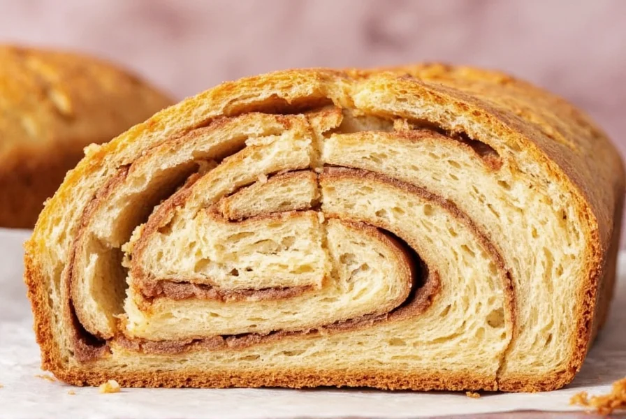 Finished gluten free cinnamon bread sliced to show moist interior and perfect cinnamon swirl pattern