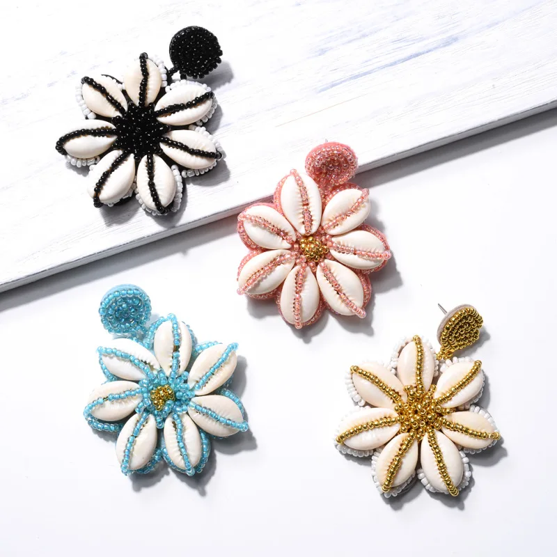 

GT Flower Earring Bohemian Holiday Wind INS Hot Natural Sea Shell Handmade Knitted Seed Beads Earrings, As picture