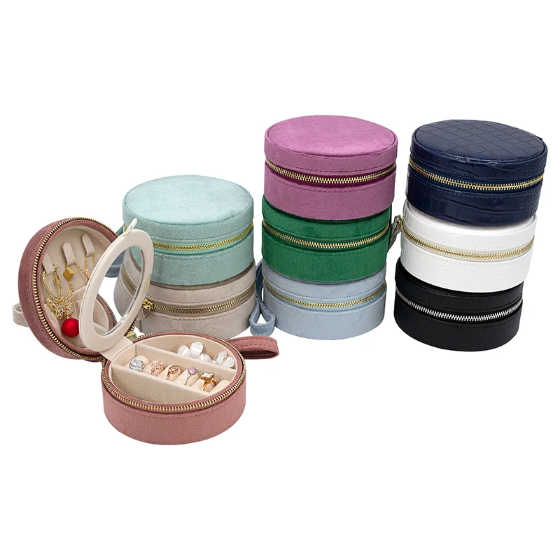 

Custom Logo Round Velvet White Pink Travel Jewellery Box Mirror Storage jewelry organizer
