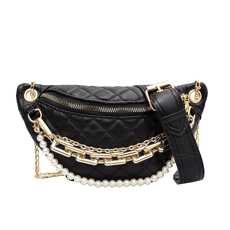 

Diamond Pattern Ladies Fanny Pack Pearl Lace Chain PU Leather Waist Bag Woman fanny pack waist Evening Bag, As picture