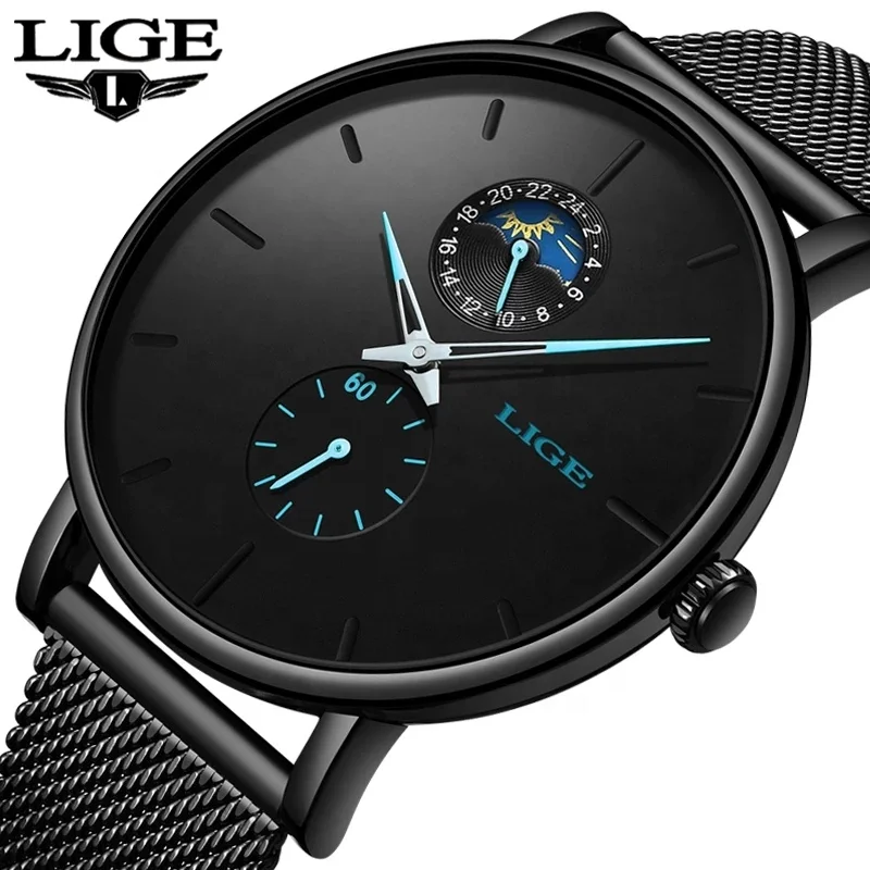 

Lige 9955 Trendy Mens Quartz Watches Moon Phase Chrono Waterproof Luxury Brand Stainless Steel Watch Men