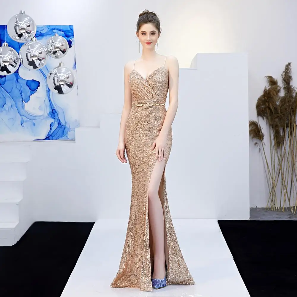 High quality sexy high split strap v neck rose gold sequin dress maxi long party gowns for women elegant