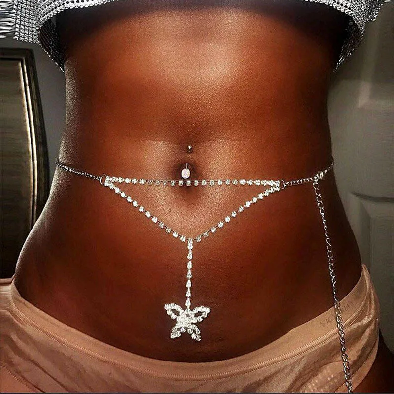 

Women Sexy Body Jewelry Crystal Rhinestone Butterfly Belly Chain Bikini Waist Chain Lower Back Butterfly Body Chain For Beach