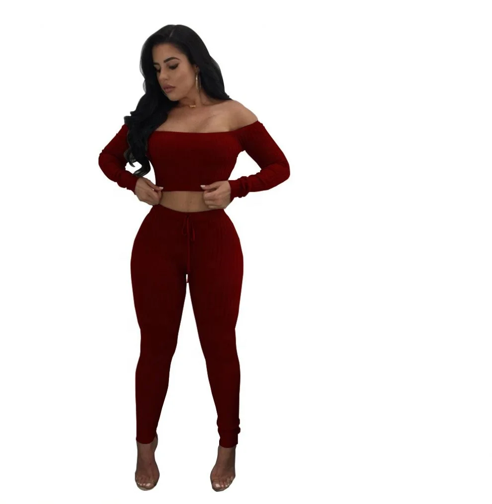 

VOOGUE Women Nightclub Sexy One-shoulder Top Set Sportweat Tracksuit Solid Color 2 Pieces Set, Picture