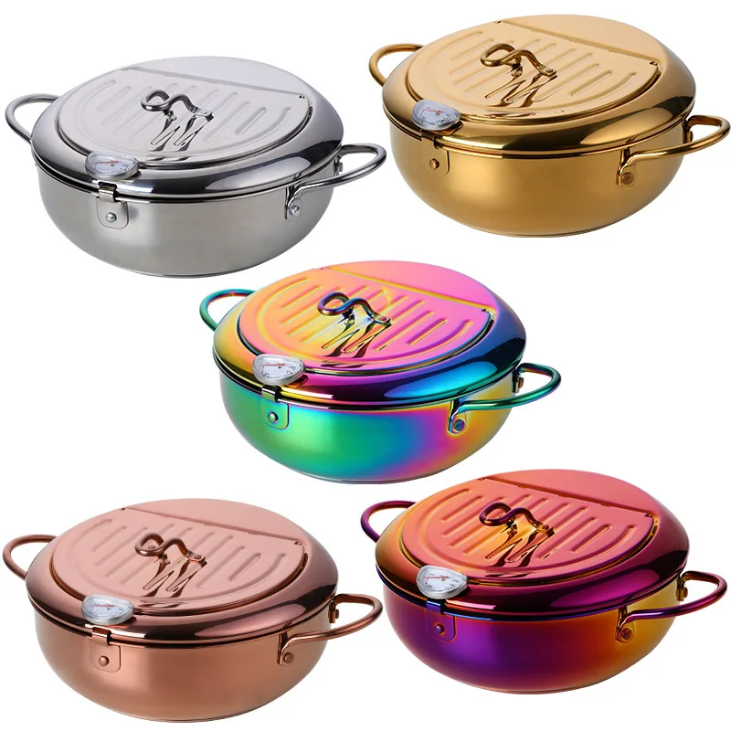 

Deep Frying Pot Stainless Steel Tempura Fryer with Thermometer and Oil Filter Tack Stainless Steel Fryer Pot, Gold/silver/rose gold/rainbow/rainbow no.3