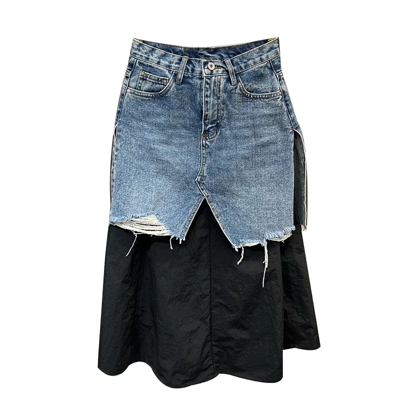 

TWOTWINSTYLE New Style High Waist Spliced Pockets Hit Color A Line Denim Skirt For Women