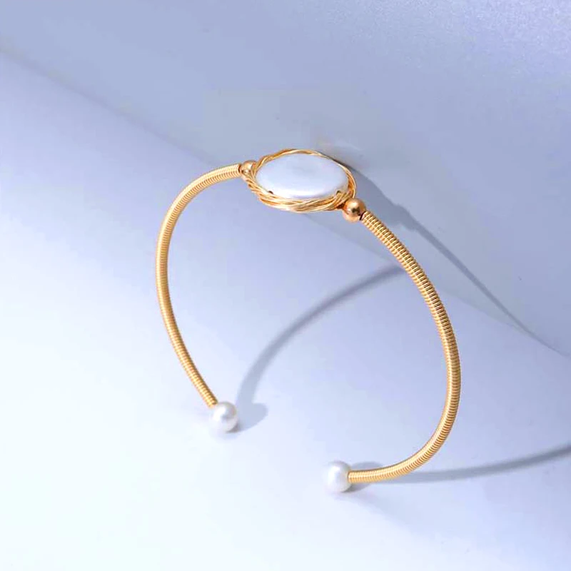 

Wholesale 14k Gold Plated Bangle Natural Baroque Shaped Pearl Simple Open Bracelet Adjustable Women Bracelet, Natural pearl/gold