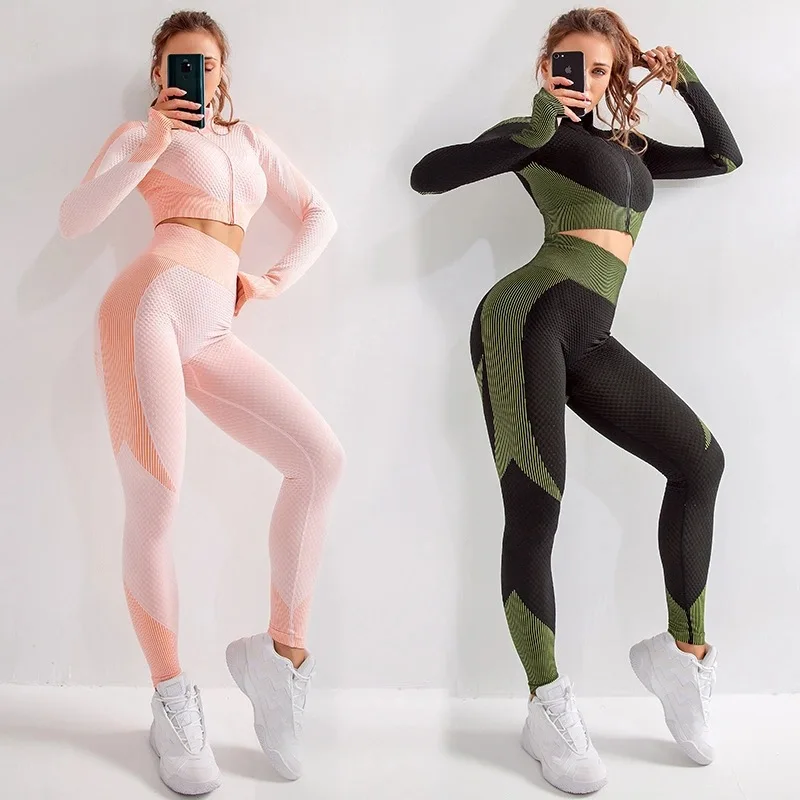 

wholesale fitness seamless yoga pants and jacket sets women set sportswear two piece set pants set, Shown