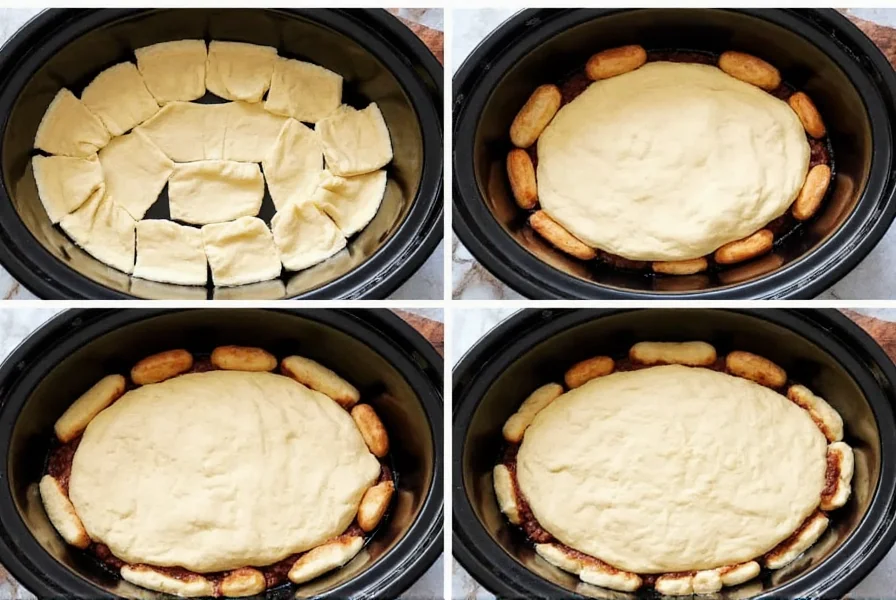 Step-by-step visual guide showing how to arrange refrigerated biscuit dough in slow cooker for cinnamon rolls
