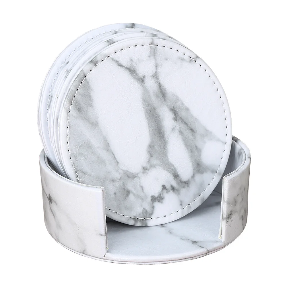 

Wholesale 6 Pack Marble Design Coasters Set PU Leather Coasters with Holder, White
