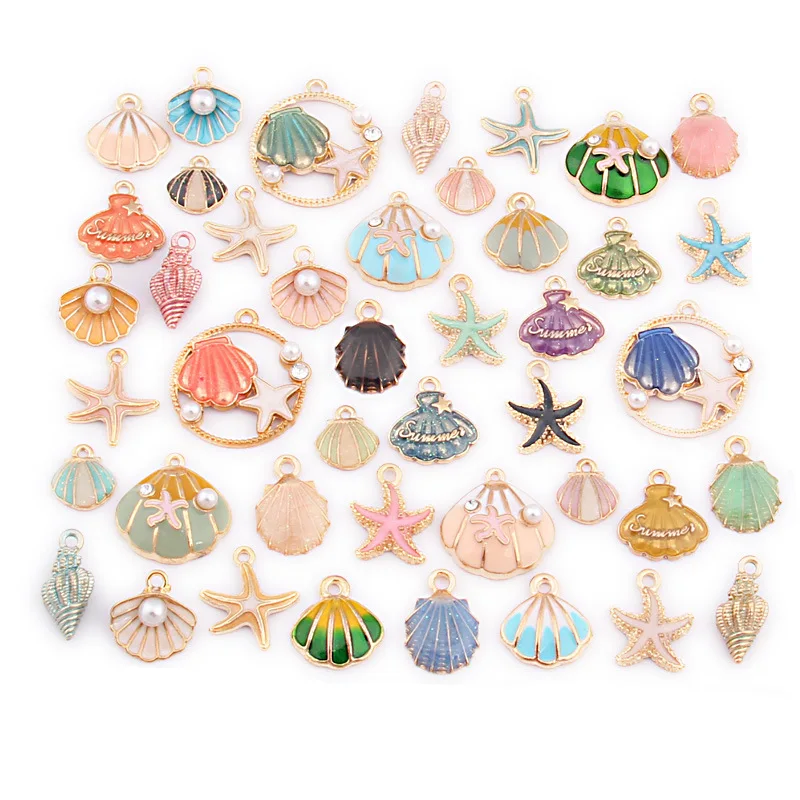 

43 pieces a set 20-27mm DIY beauty shell starfish series charms hair earring accessories oil drop jewelry accessories, As image