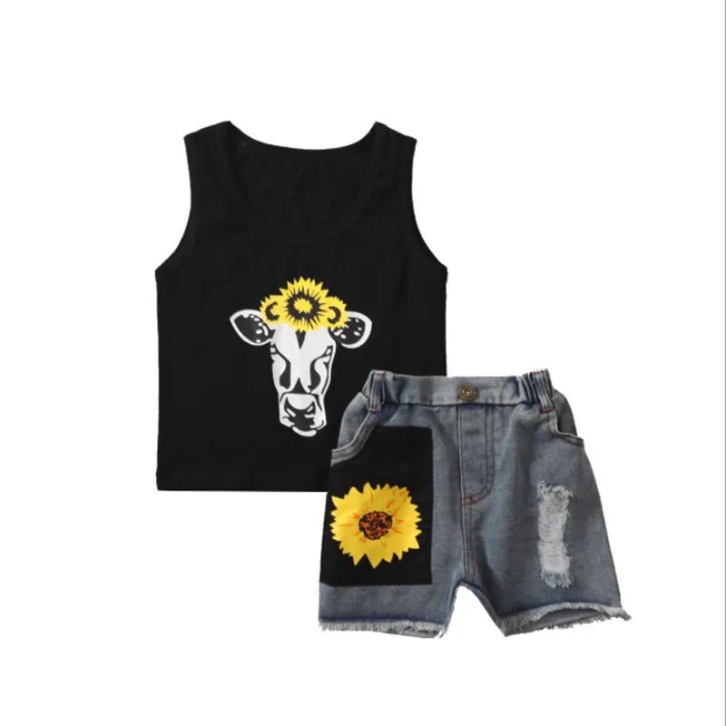 

2021 girls clothing sets Children sets girls comfortable milk silk sunflower jeans shorts Boutique kids Clothing fashion girl