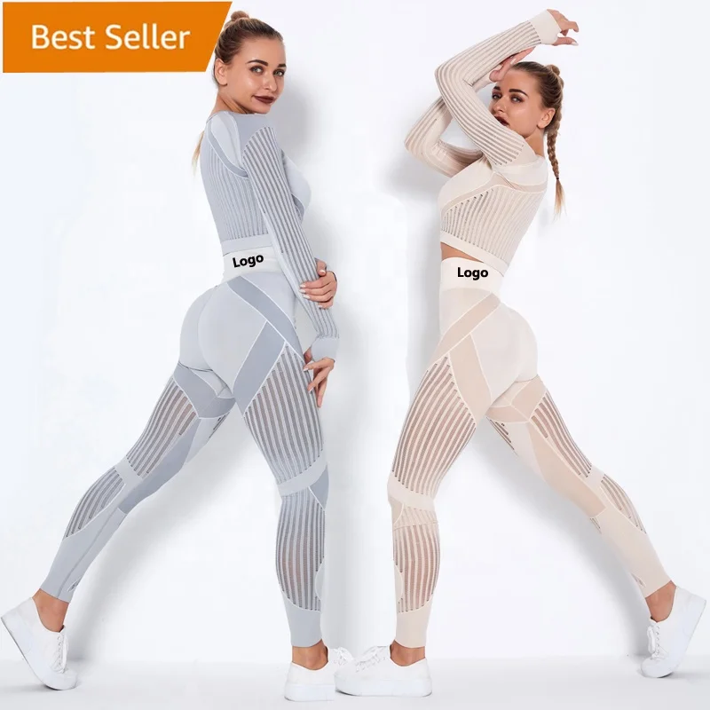 

Women High waist Fitness Leggings Sport Set Tracksuit Workout Long Sleeve Seamless Yoga Clothes, Light grey, black, wine red, khaki, dark grey, dark blue