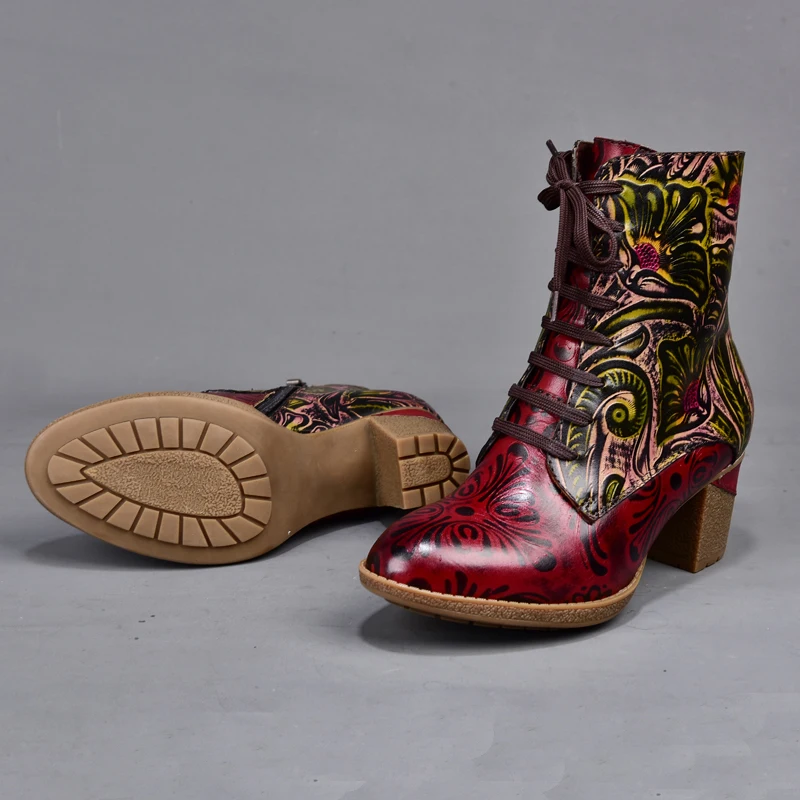 
Socofy Embossed Cowhide Leather Handmade Heels Ankle Shoes Women Martin Boots 