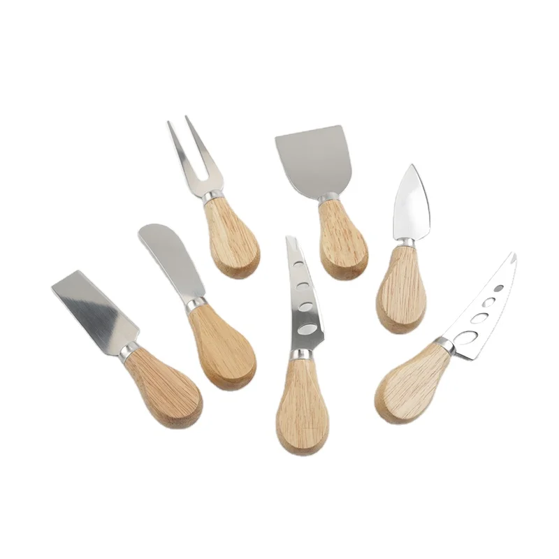

Premium 7-Piece Cheese Knife Set - Oak Wood Handle Stainless Steel Cheese Knives, Nature wood color