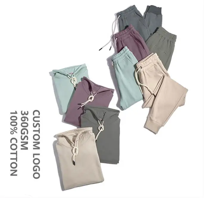 

360GSM 100 COTTON Heavy weight Custom logo vintage pullover hoodie and jogger two piece workout pant sets for Unisex