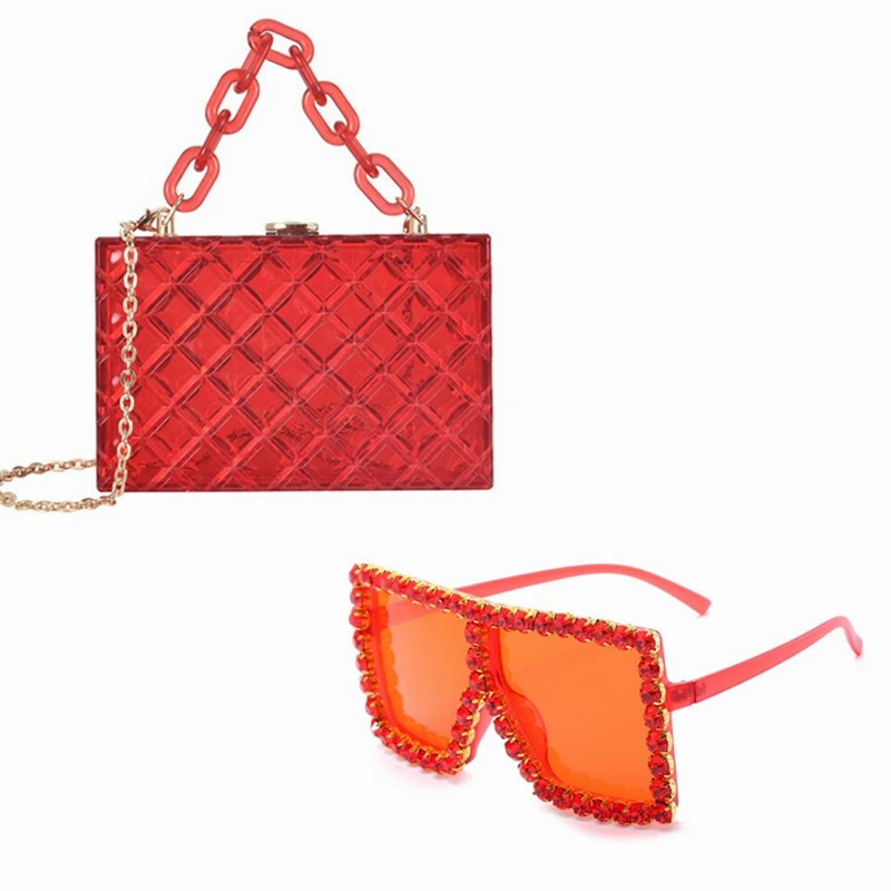 

Wholesale 2021 Hot Sale Clear Square Box Designer Acrylic Handbags Purses And Shades Ladies Clutch Purse Set Matching Sunglasses, As pictures or customized colors