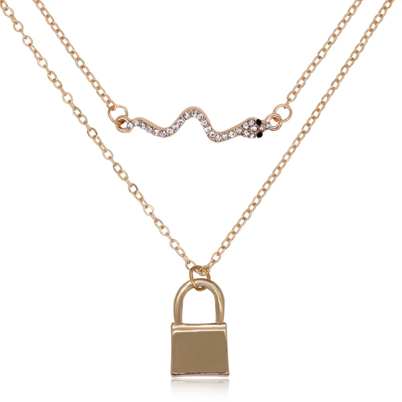 

14K Gold Layered Chain Choker Padlock Pendants Necklace Jewelry Diamond Snake Smooth Metal for Women Girls Necklaces Zinc Alloy