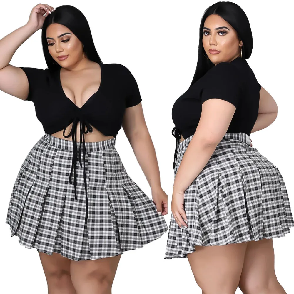 

2021 Women Summer Fashion Sexy Plus Size Deep V Neck Short Sleeve Plain Crop Top And Pleated Mini Skirts Two Piece Set Outfits, Black