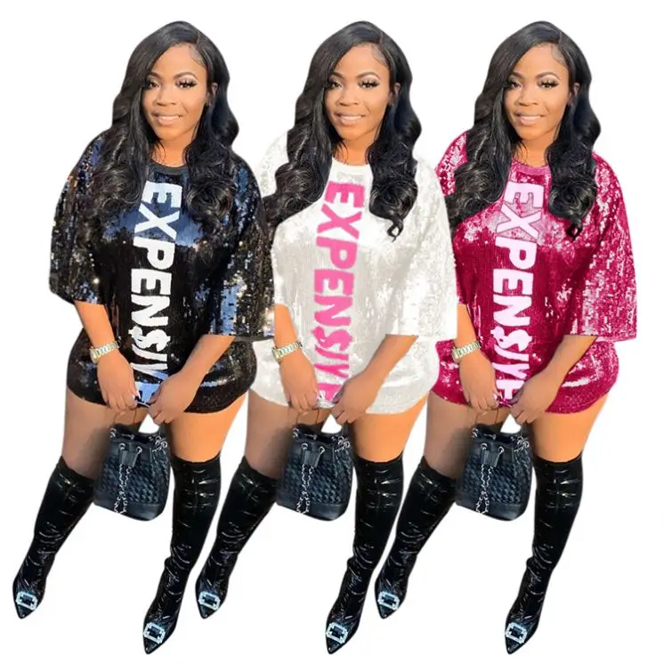 

D95935 New Stylish Women Fashion Clothing 2020 Letter Printed Sexy Ladies T Shirt Sequin Dress Woman Casual Short Dresses