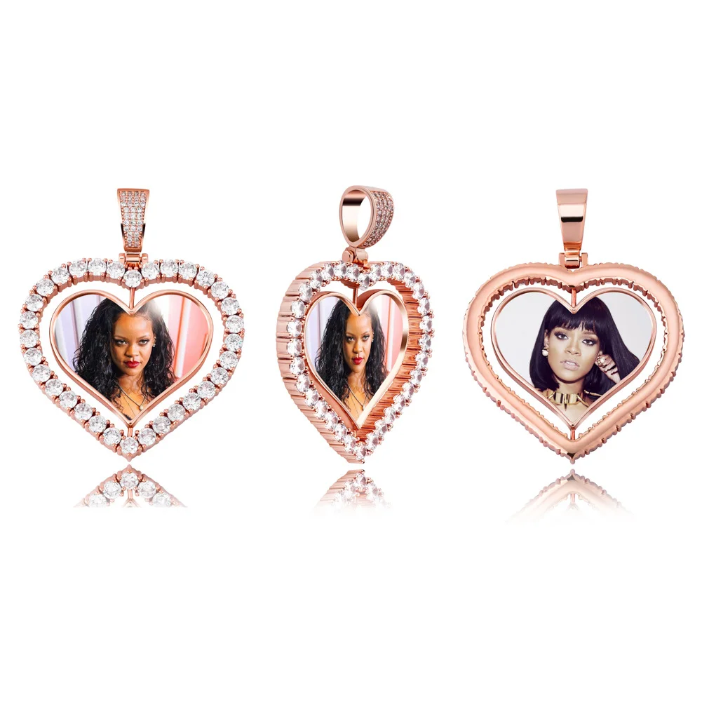 

Popular Hip Hop Heart Bling Double Sides Sublimation Necklace 360 Degree Rotatable Sublimation Jewelry with Rope Chain, Gold/silver/rose gold